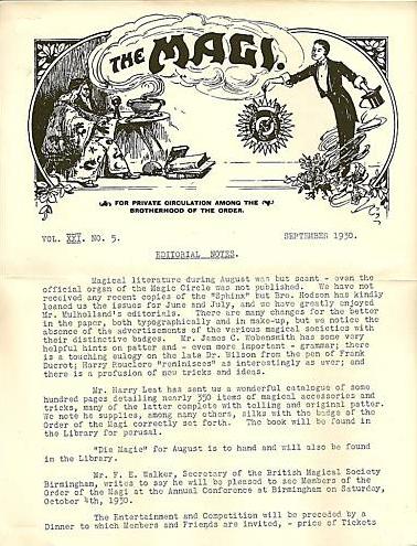 The front page of The Order of The Magi's members' only magazine from September 1930. Printed on A4 paper, the header is illustrated with a drawing of a wizard wearing magical robes on the left hand side, and a contemporary stage magician with a top hat on the right hand side.