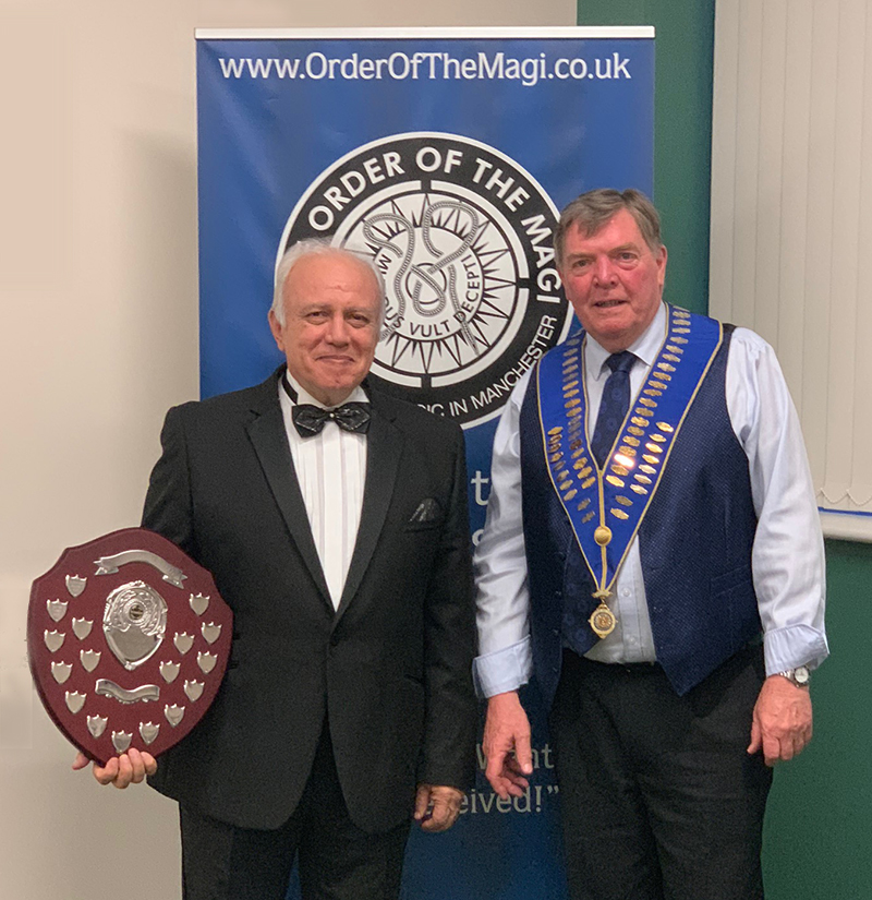 Order Of The Magi 2019 Award for Best Close Up Card Trick presented to Adrian Sullivan by President David Owen