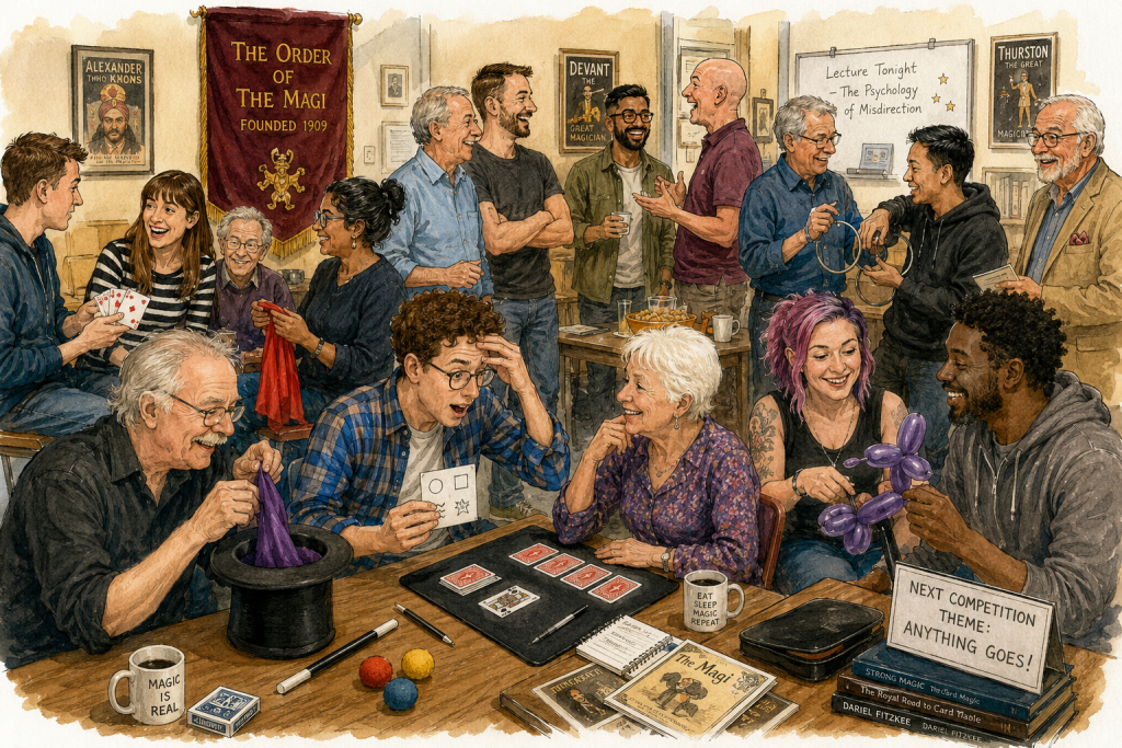 Members of The Order of The Magi enjoying a friendly magic club meeting in Manchester, with magicians of different ages practising card magic, balloon modelling, mentalism, and silk magic.