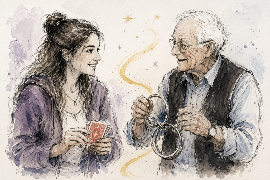 Ink and watercolour illustration of a young female magician and an elderly magician sharing playing cards and linking rings, representing people of all ages learning magic together.