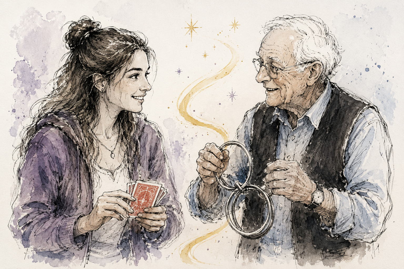 Ink and watercolour illustration of a young female magician and an elderly magician sharing playing cards and linking rings, representing people of all ages learning magic together.
