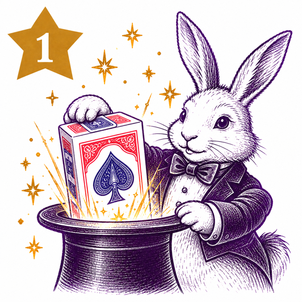 Rabbit magician pulling packs of Bicycle-style playing cards from a top hat