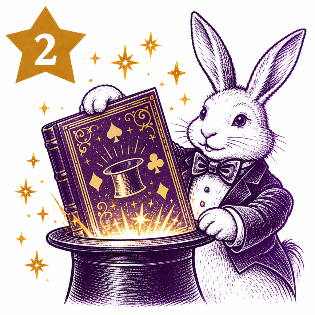 Rabbit magician with a copy of The Royal Road to Card Magic emerging from a top hat