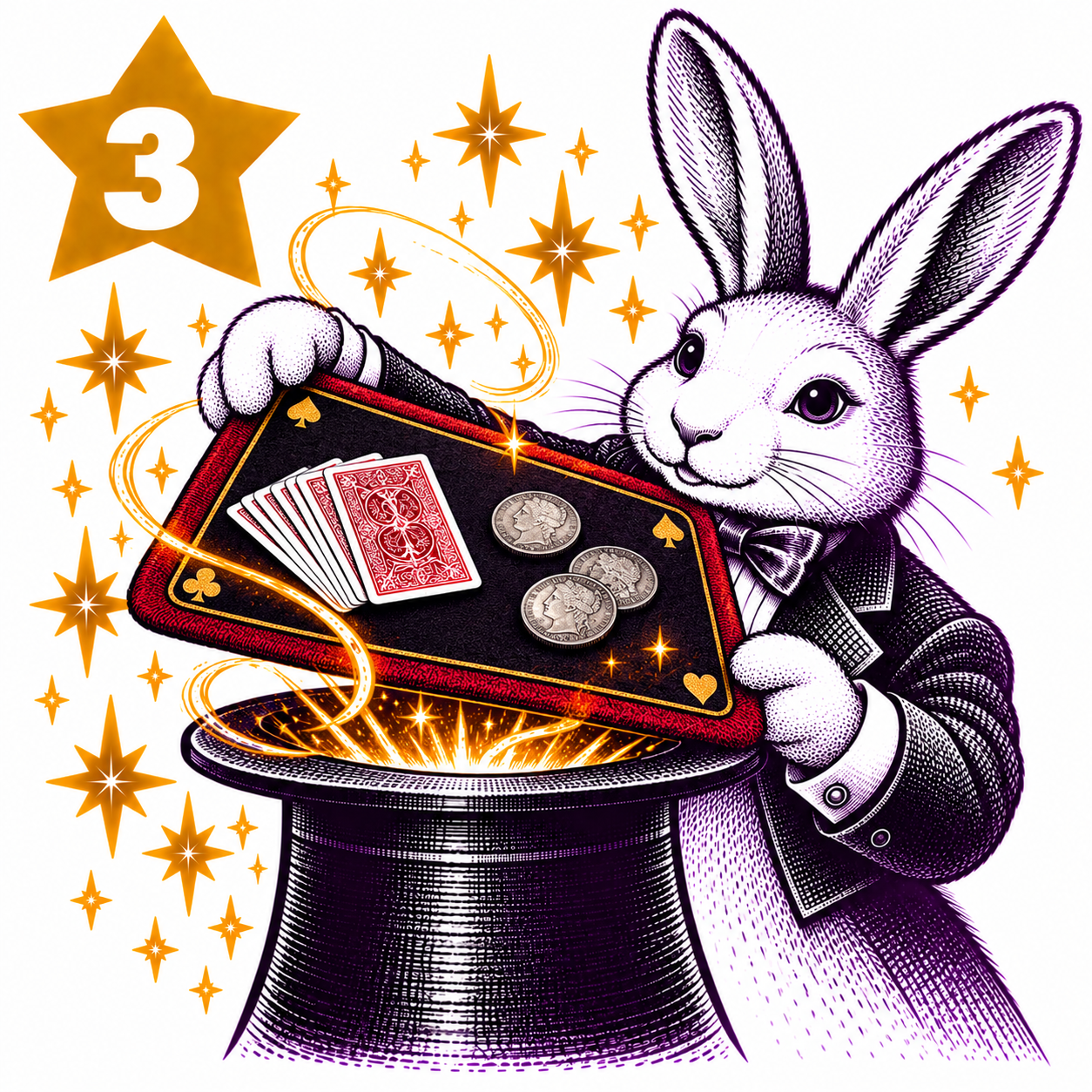 Rabbit magician producing a close-up magic mat from a top hat