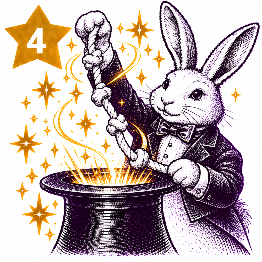 Rabbit magician pulling white magicians' rope from a top hat