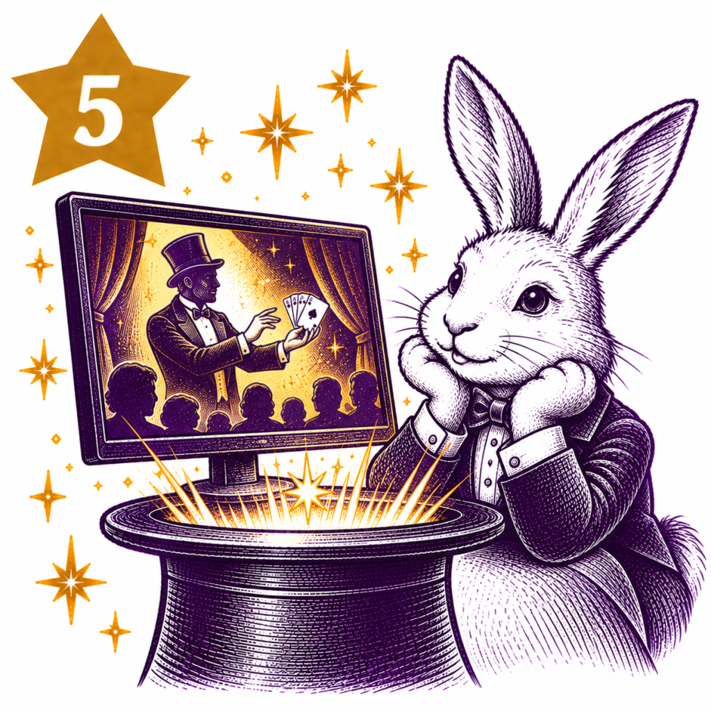 Rabbit magician watching a magic performance on screen