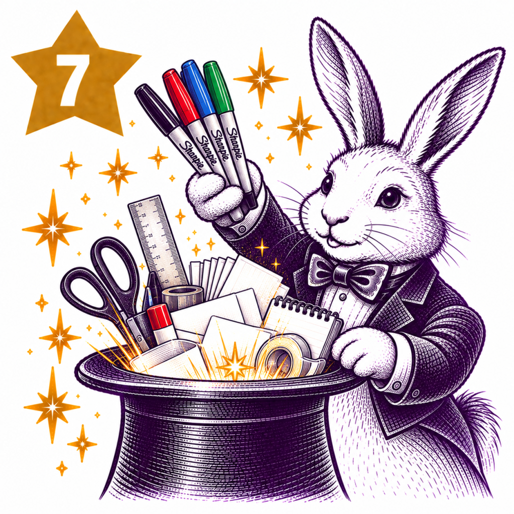 Rabbit magician pulling Sharpie pens and stationery from a top hat