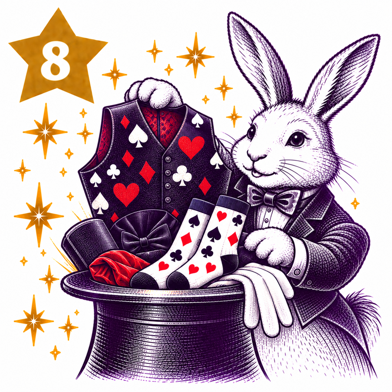 Rabbit magician with magic-themed clothing and playing-card socks