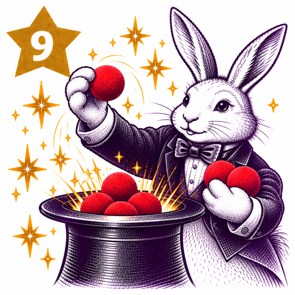 Rabbit magician performing with classic red sponge balls