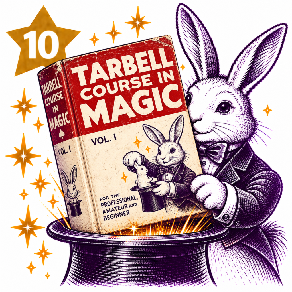 Rabbit magician with a vintage-style Tarbell Course in Magic book