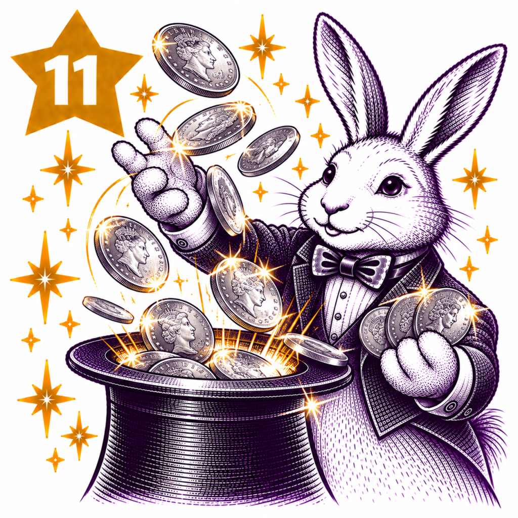 Rabbit magician producing shiny silver coins from a top hat