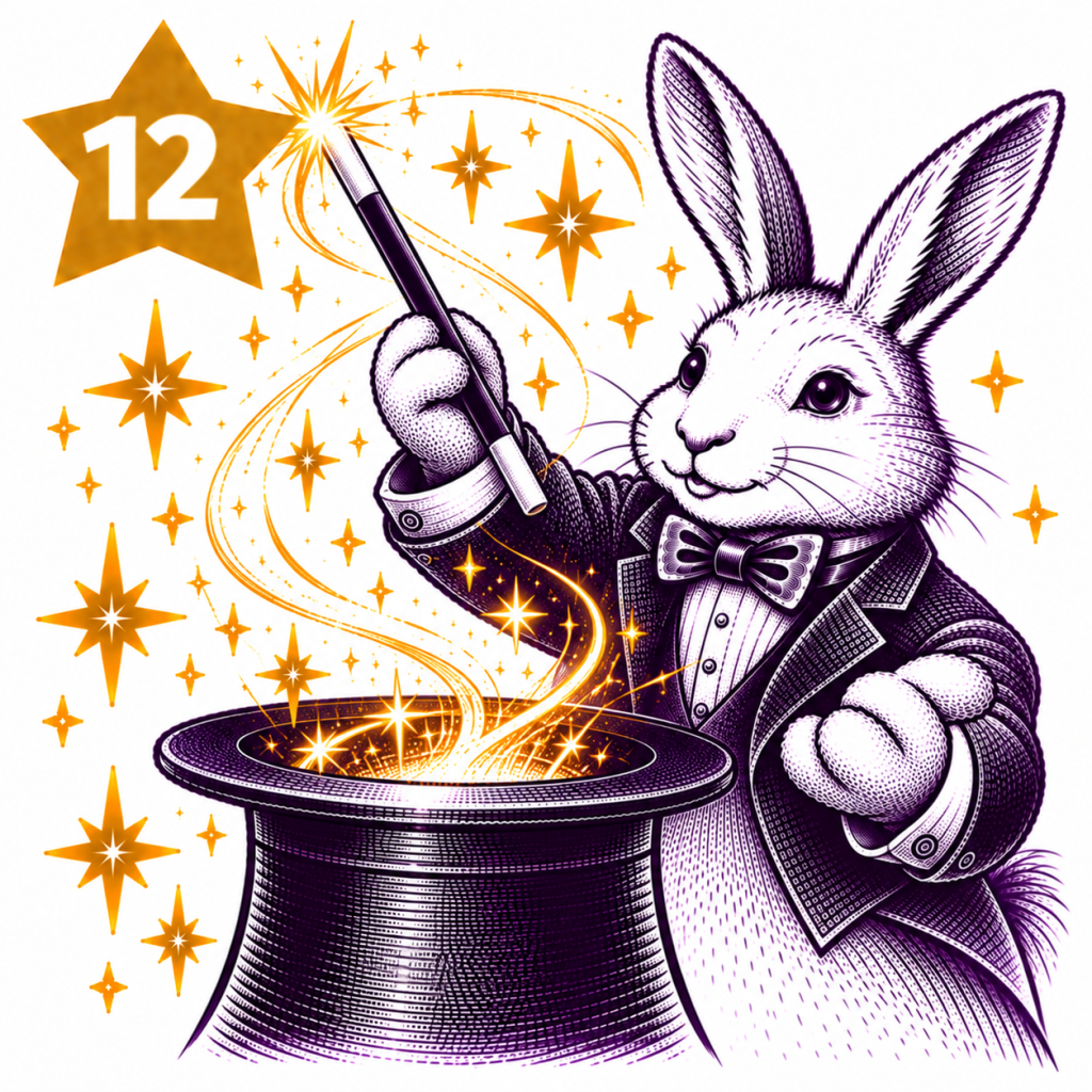 Rabbit magician producing a traditional magic wand from a top hat