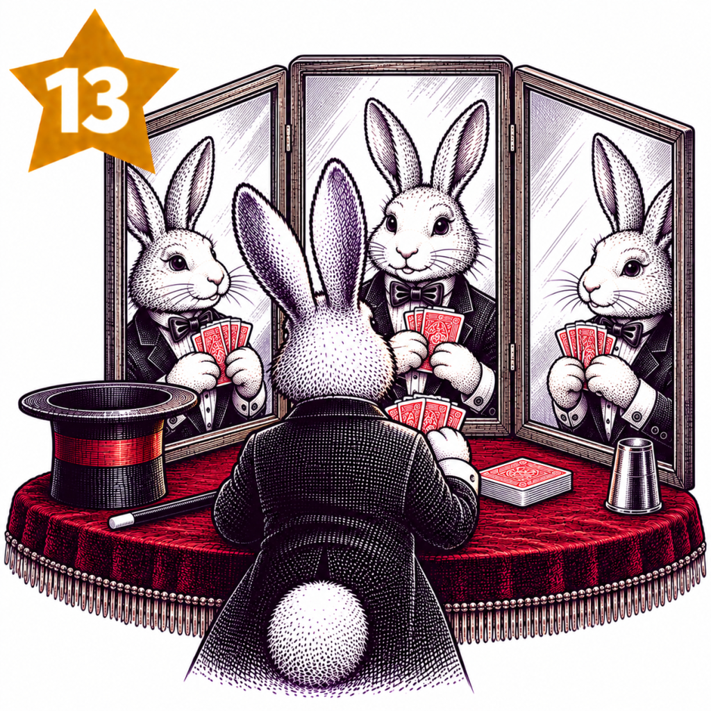 Rabbit magician with a three-panel practice mirror for rehearsing magic
