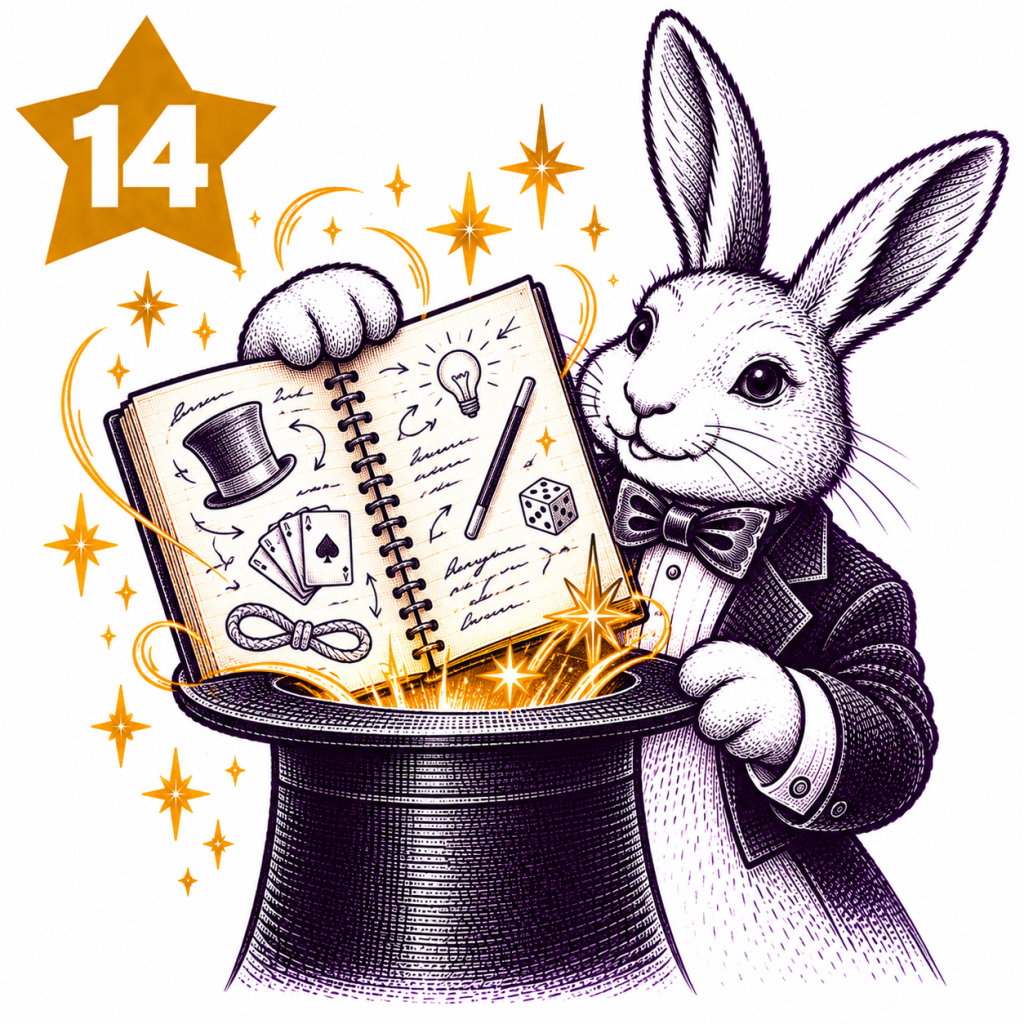 Rabbit magician pulling a notebook of magic ideas and sketches from a top hat