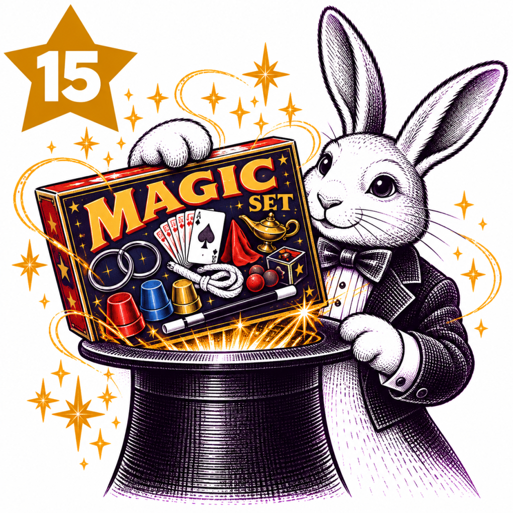 Rabbit magician with a traditional boxed magic set containing classic magic props