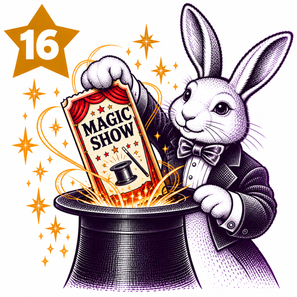 Rabbit magician producing a ticket to a live magic show from a top hat