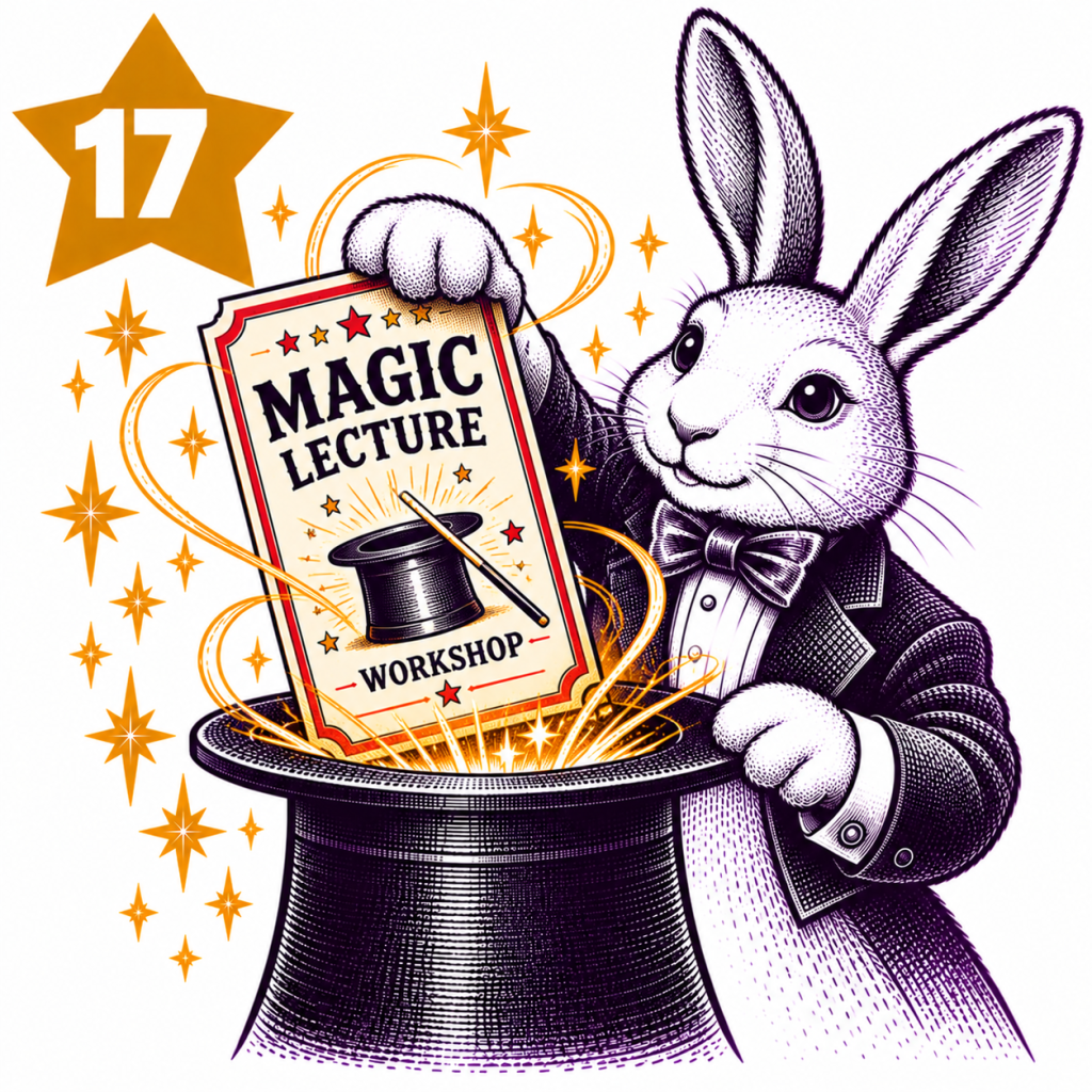 Rabbit magician with a ticket to a magic lecture or workshop