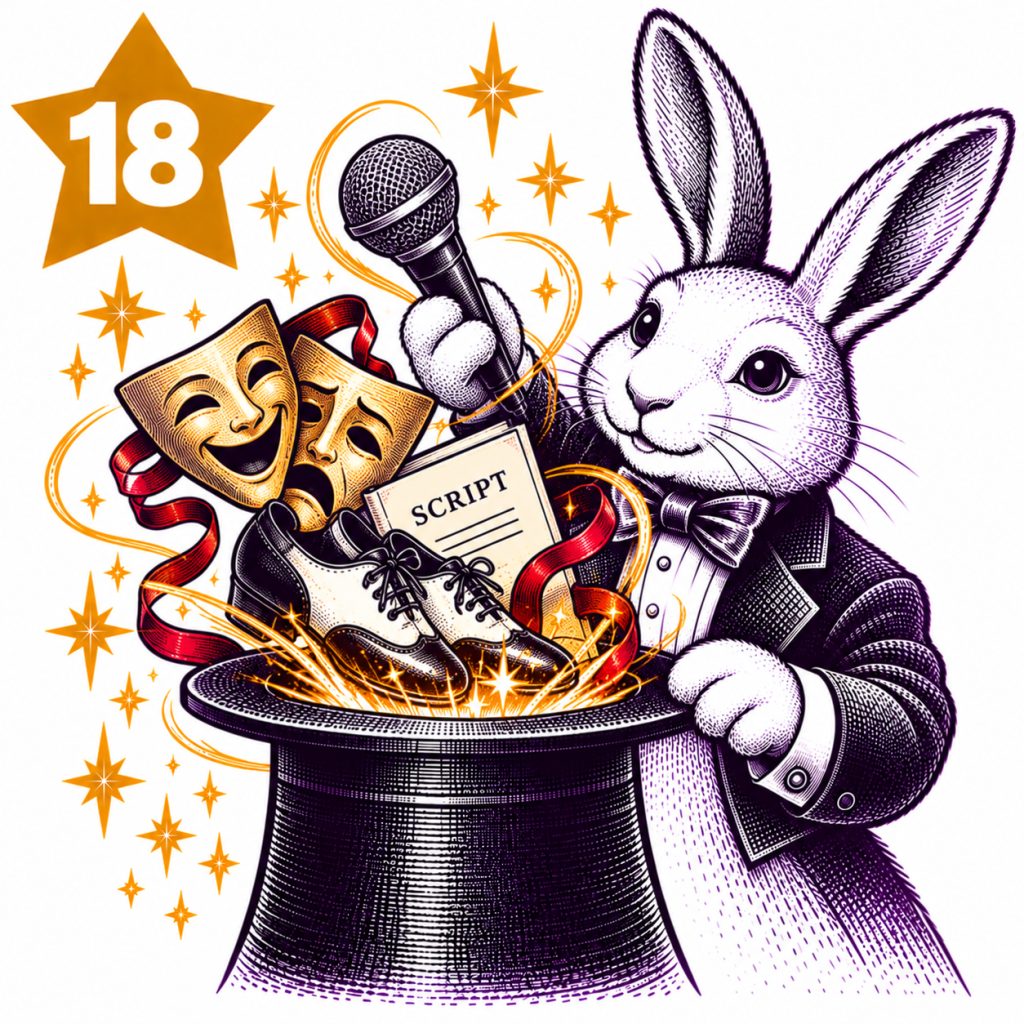 Rabbit magician with a microphone, theatre masks, script and dance shoes representing performance lessons