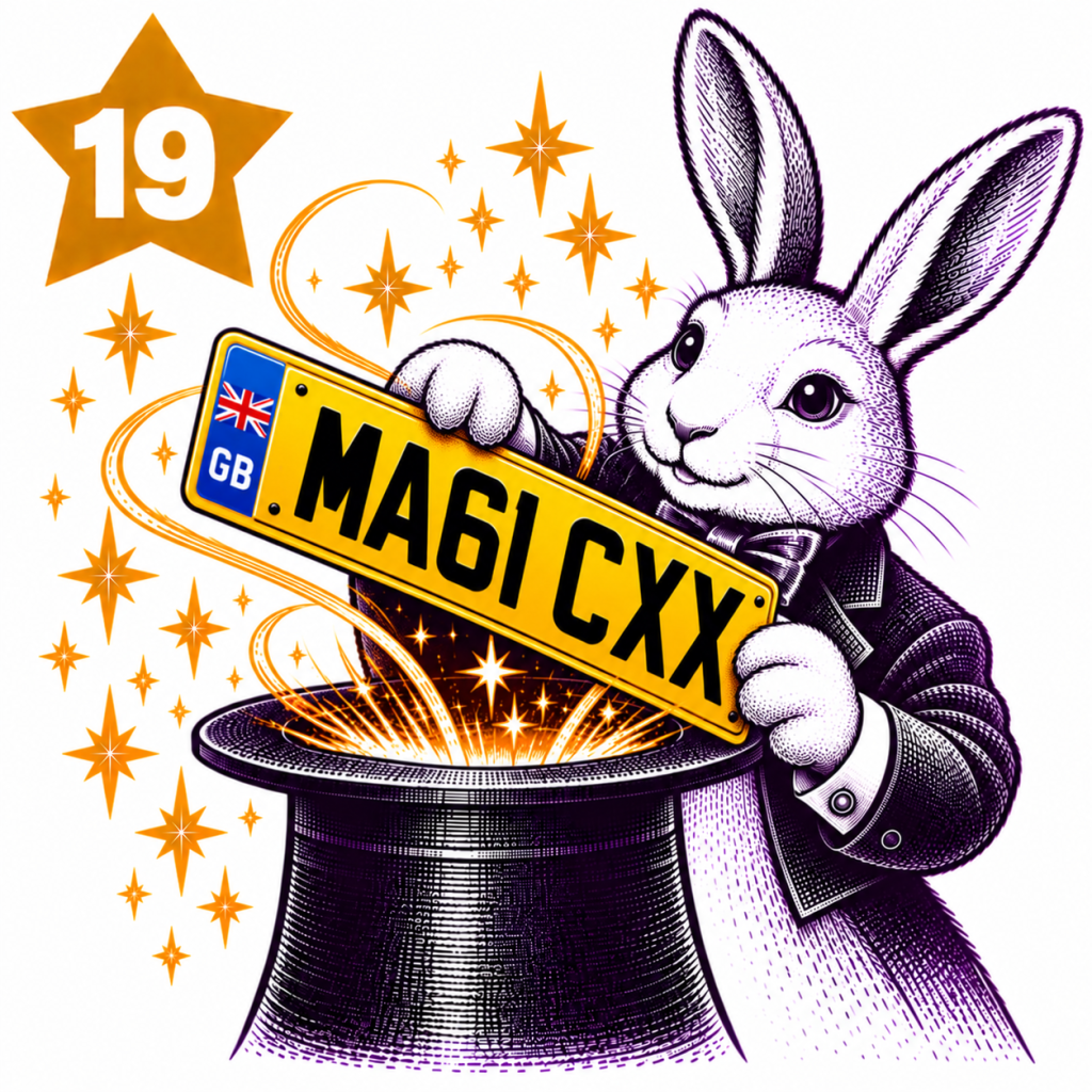 Rabbit magician producing a personalised UK MA61 CXX number plate from a top hat