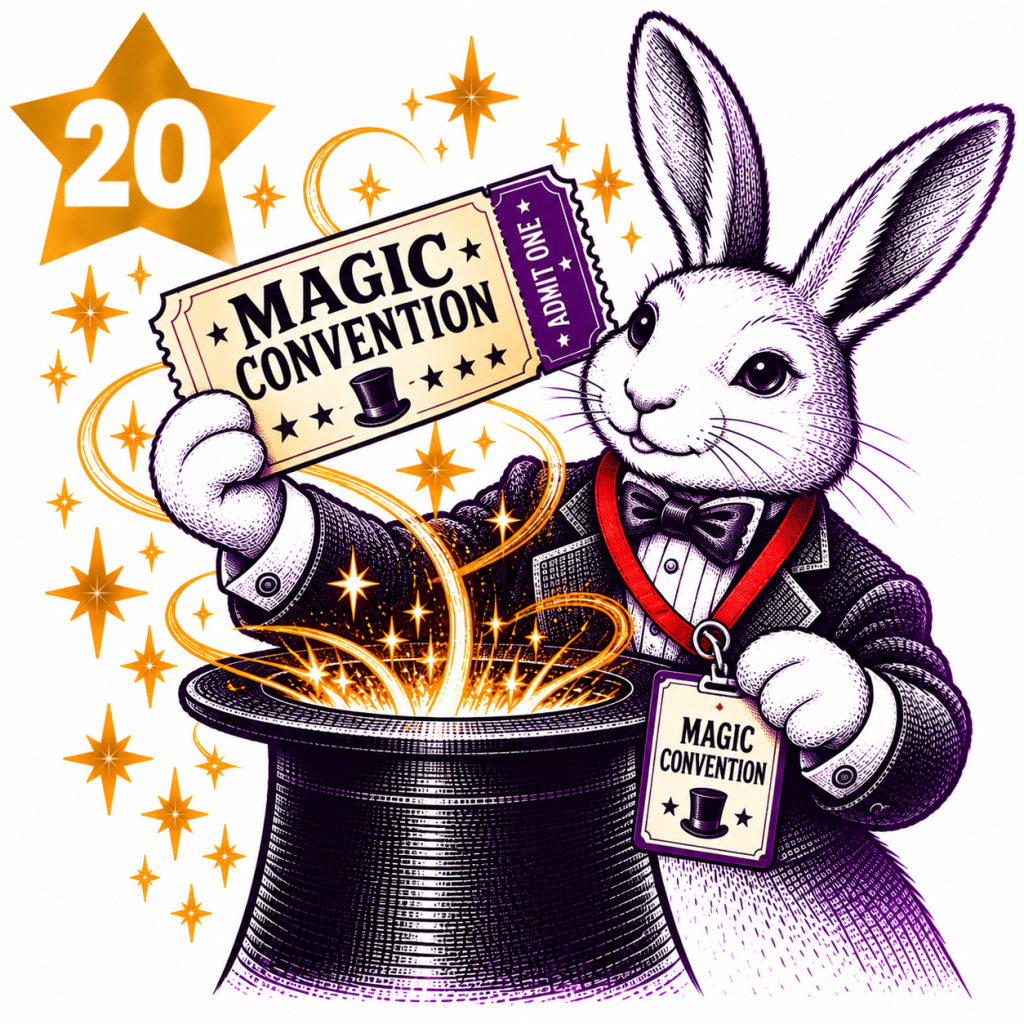 Rabbit magician holding a Magic Convention ticket and wearing a convention badge