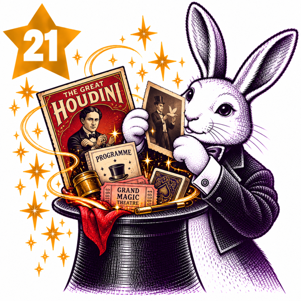 Rabbit magician examining vintage magic posters, photographs, programmes and memorabilia