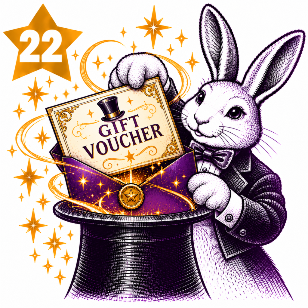 Rabbit magician opening an envelope containing an ornate magic shop gift voucher
