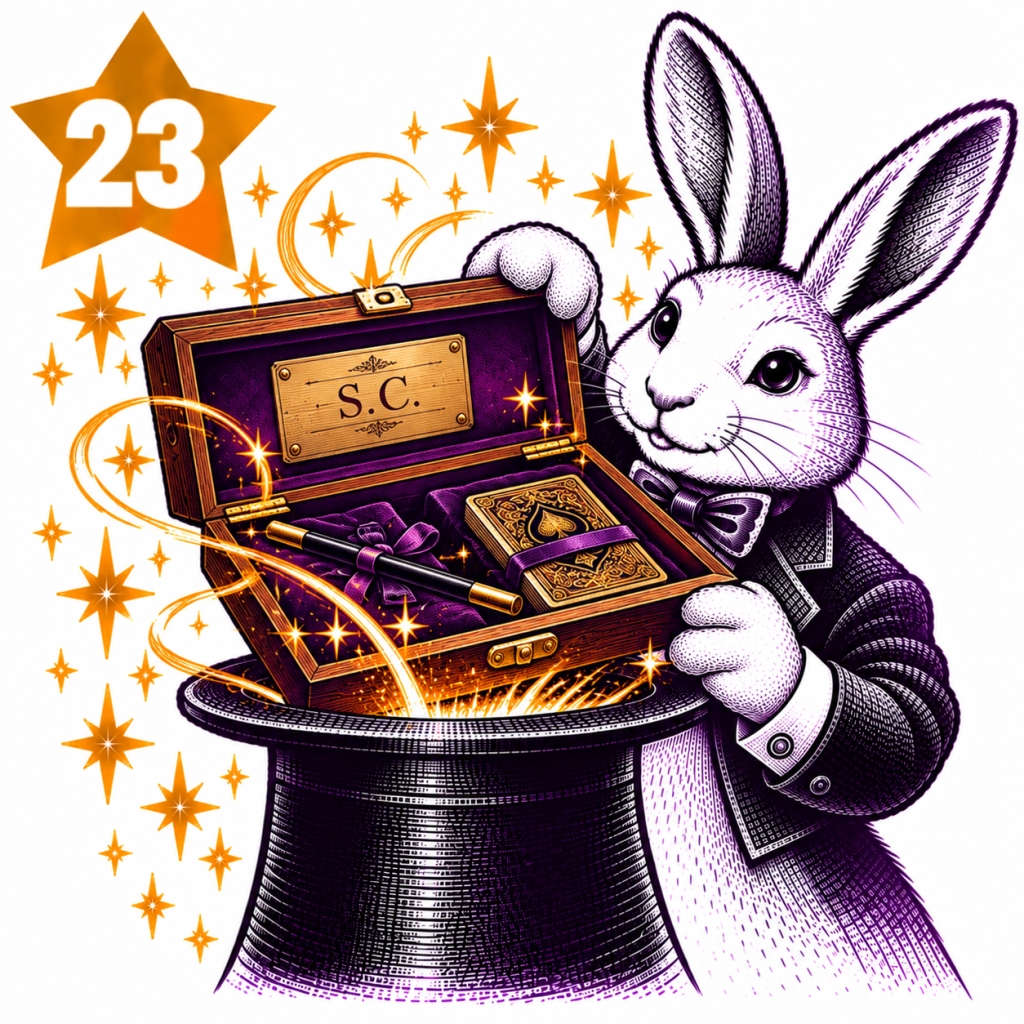Rabbit magician presenting a personalised wooden box containing a wand and playing cards