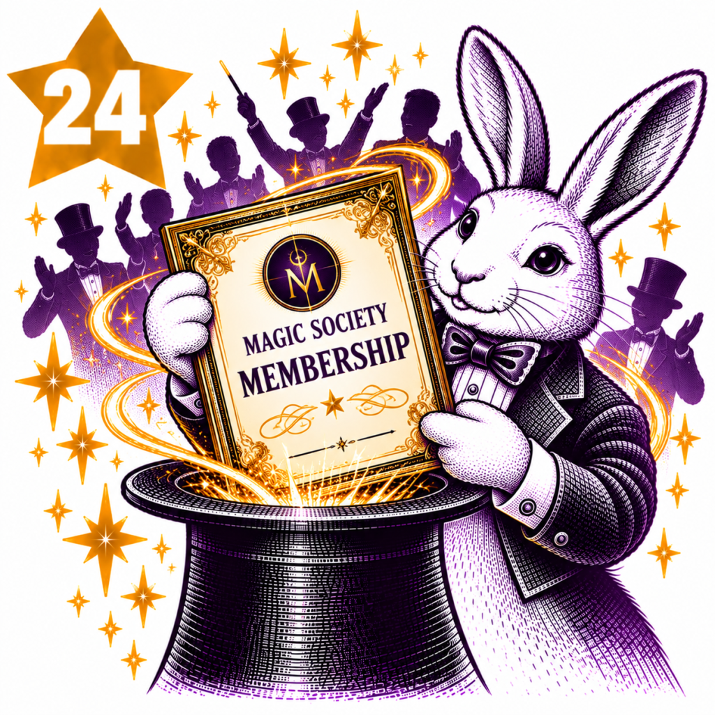 Rabbit magician presenting a framed Magic Society Membership certificate